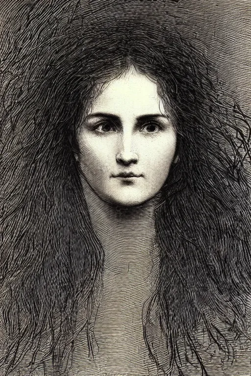 Prompt: extreme close-up portrait of a woman, face covered by hair, forest background, Gustave Dore lithography