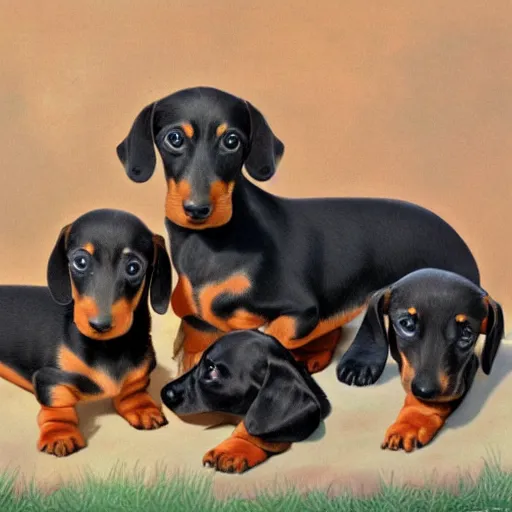 Image similar to color painting of many dachshund puppies nursing,