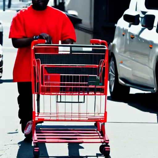 Image similar to kanye west driving a shopping cart