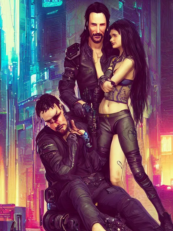 Image similar to a cyberpunk 2077 couple portrait of Keanu Reeves and V ,love story ,film lighting,by laurie greasley,Lawrence Alma-Tadema,William Morris,Dan Mumford,trending on atrstation,full of color,Digital painting,face enhance,highly detailed,8K, octane,golden ratio,cinematic lighting