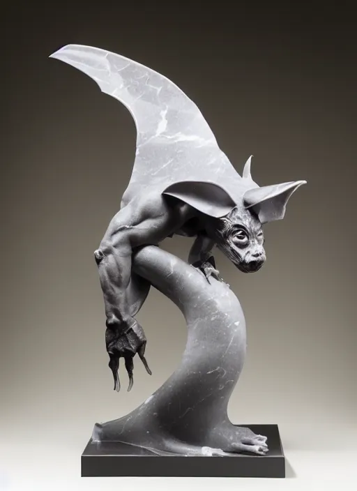 Prompt: sculpture of a vampire bat, made of marble, beautiful studio lighting