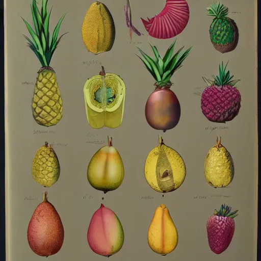 Prompt: botanical illustration of several tropical fruits