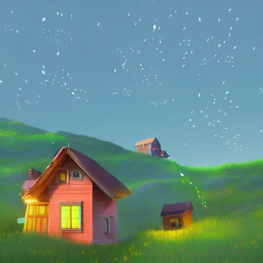 Image similar to beautiful 3 d painting of a colourful house on a hilltop at midnight with small fireflies flying around, in the style of studio ghibli, artstation, unreal engine