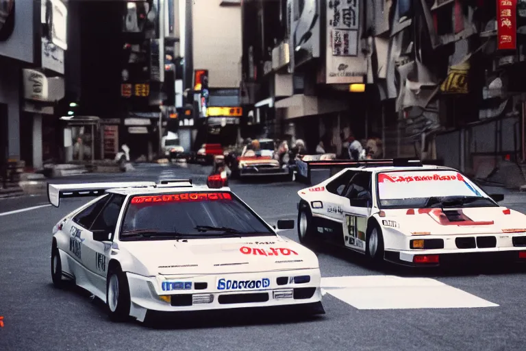 Image similar to single racecar 1988 Audi Quattro, BMW M1, movie still, footage on Tokyo streets, volumetric lighting, f8 aperture, cinematic Eastman 5384 film