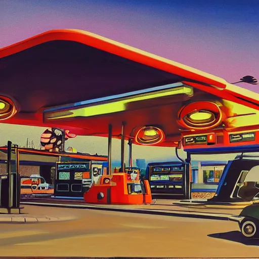 Image similar to painting of syd mead artlilery scifi gas station with ornate metal work in vintage nigeria, filigree ornaments, volumetric lights, simon stalenhag