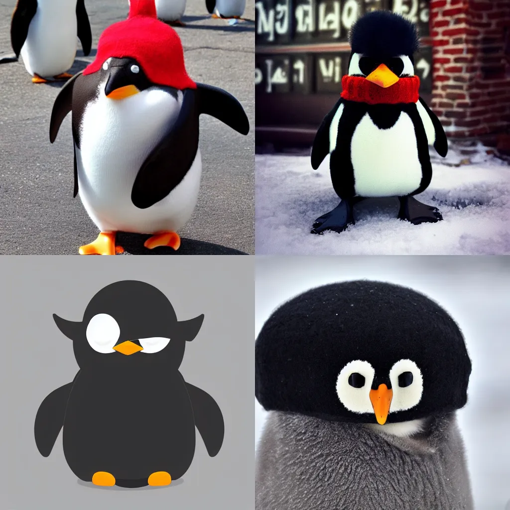 Prompt: penguin wearing a winter ushanka hat on its head. russian ushanka hat