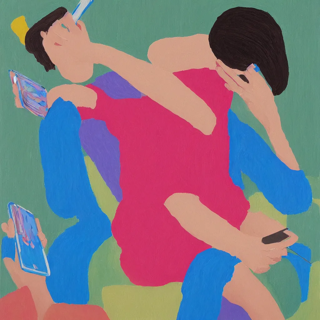 Prompt: i, a photorealistic painting of a beautiful woman playing her iphone, by david hockney
