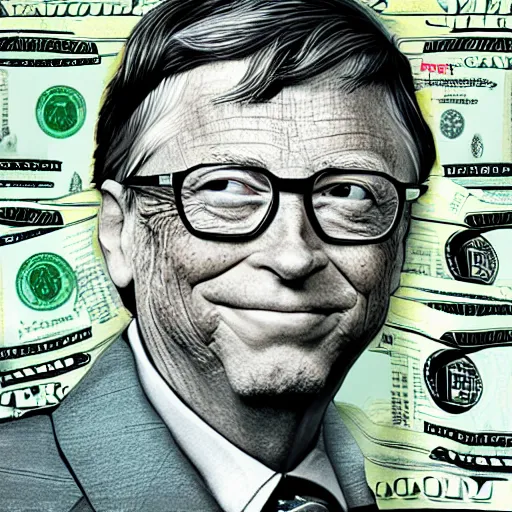 Image similar to Bill gates building a wood gate made of dollar bills,, smooth, sharp focus,, pixiv, ultra highly detailed