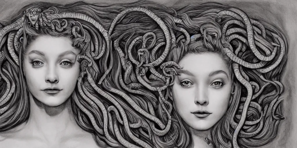Prompt: realistic portrait of a beautiful symmetrical smiling medusa with her snake hair, 1450, ink, ultra realistic, 8k