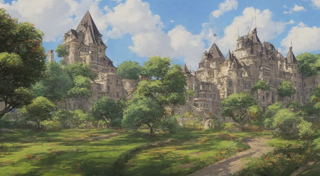 Image similar to a landscape painting of a French castle, with a garden, in the style of anime, trending on artstation