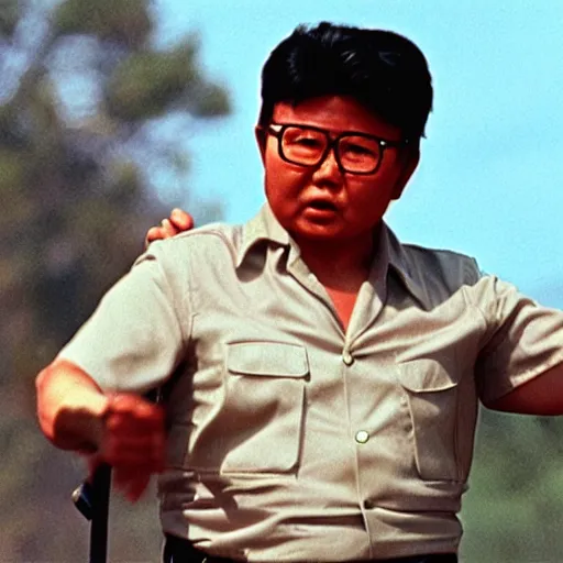 Image similar to filmstill of Kim Jong-il in the role of Rambo with head bandana, cinemascope, Eastman Color Negative 50T 5251 Neg. Film