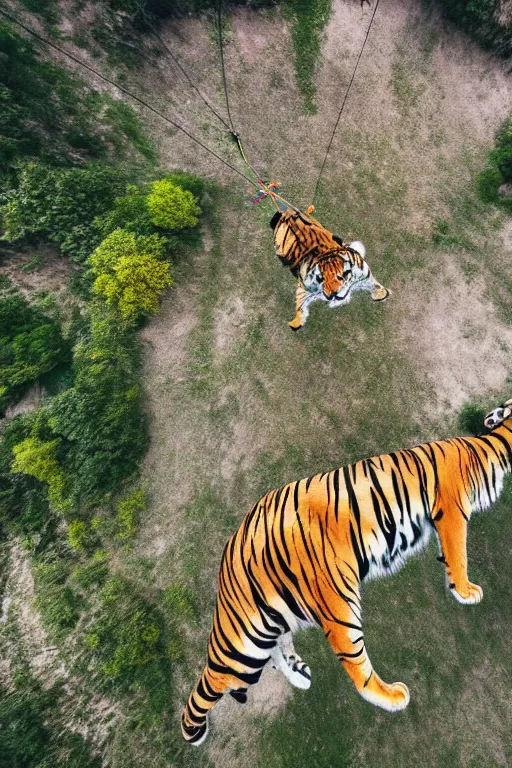 Prompt: realistic hairy tiger. the tiger is suspended by a large balloon parachute. the parachute is open. the tiger is is the middle of the air. the tiger is jumping from a mountain cliff. photo captured by a drone. wide angles lens. epic