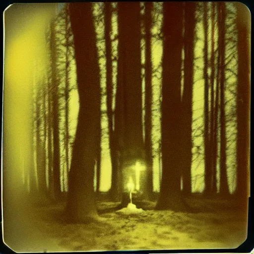 Image similar to alien abduction in a forest at night, old polaroid, expired film, blurry, lost footage, found footage,