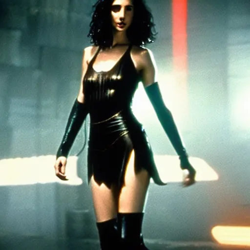 Prompt: gal gadot with long wet hair in blade runner by ridley scott, medium shot, dripping water, sexy black shorts, wearing black boots, wearing a cropped top, 4 k quality, highly detailed, realistic, intense, cyberpunk