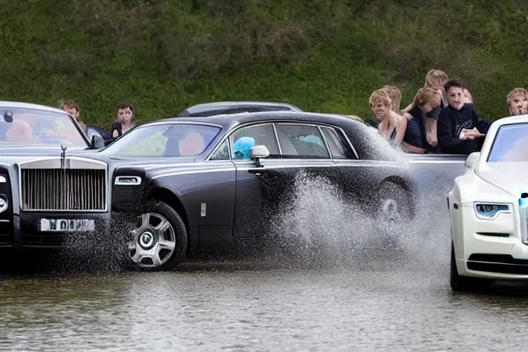 Image similar to Group of teenagers push Rolls-Royce into lake