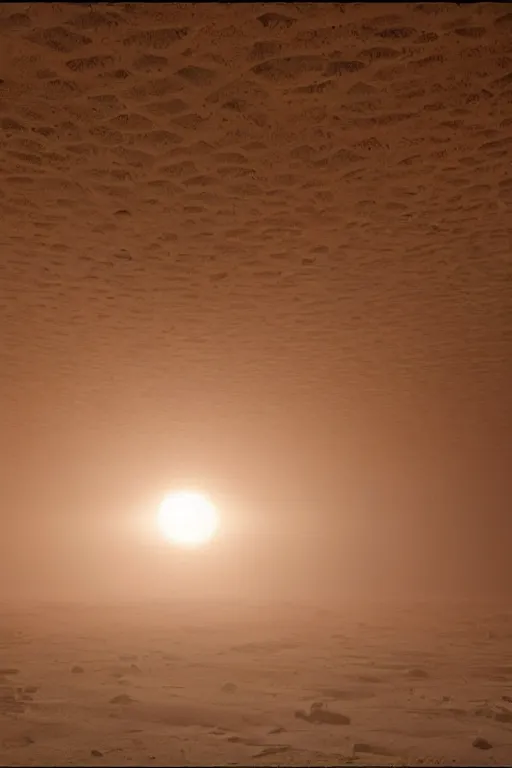 Prompt: inside a tall open room, monolithic, open wall architecture, sand storm inside, high winds, concrete pillars, ancient sci - fi elements, on an alien planet, sun is blocked by dust, pale orange colors, cinematographic wide angle shot, directed by christopher nolan