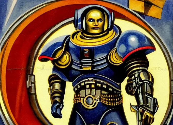 Image similar to Art Deco painting portrait of space-marine in Art Deco architecture style high detail warhammer 40k