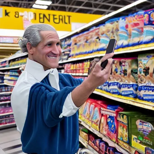 Image similar to professional color photo of George Washington taking a selfie in Walmart, 4k