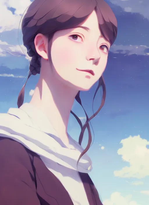Prompt: portrait of emma stonel, cloudy sky background lush landscape illustration concept art anime key visual trending pixiv fanbox by wlop and greg rutkowski and makoto shinkai and studio ghibli