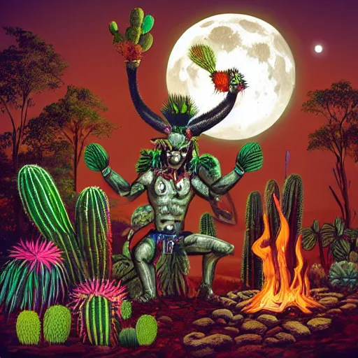 Image similar to single spartan in amazonian jungle surrounded by cactus with a shaman offering peyote with a camp fire on a full moon with stars