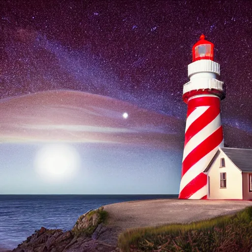 Image similar to Photography, very detailed, hyper-realistic A red and white striped lighthouse shining out onto the sea; a white house with a red roof with the lights on inside; thin dark trees behind; nighttime with stars behind; full moon; 8k