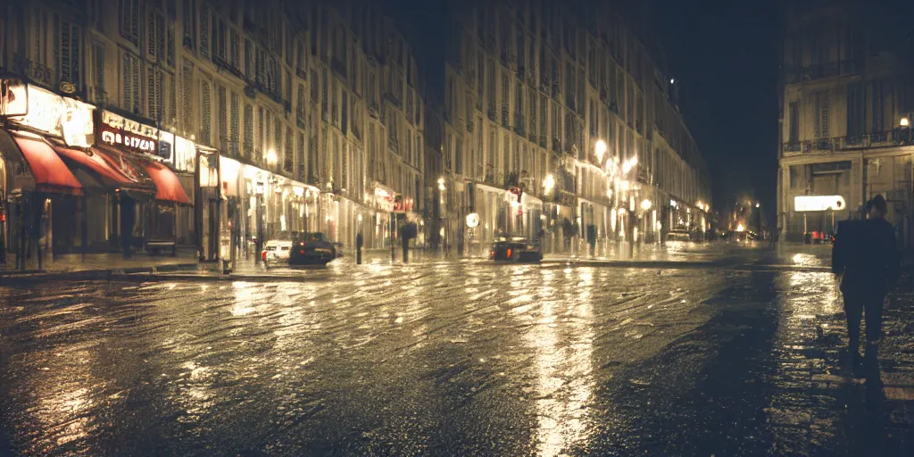 Image similar to street of paris photography, night, rain, mist, cinestill 8 0 0 t, in the style of william eggleston