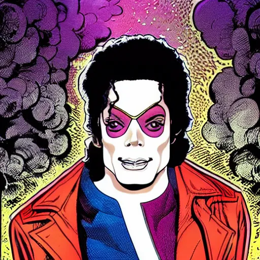 Image similar to dynamic macro head portrait of beautifu michael jackson super hero in white sequined jacket by john romita sr and cory walker and ryan ottley and jack kirby and barry windsor - smith, comic, illustration, photo real