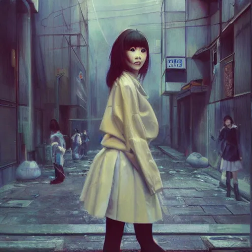 Image similar to a perfect, realistic professional oil painting of a Japanese schoolgirl posing in a dystopian alleyway, style of Marvel, full length, by a professional American senior artist on ArtStation, a high-quality hollywood-style concept