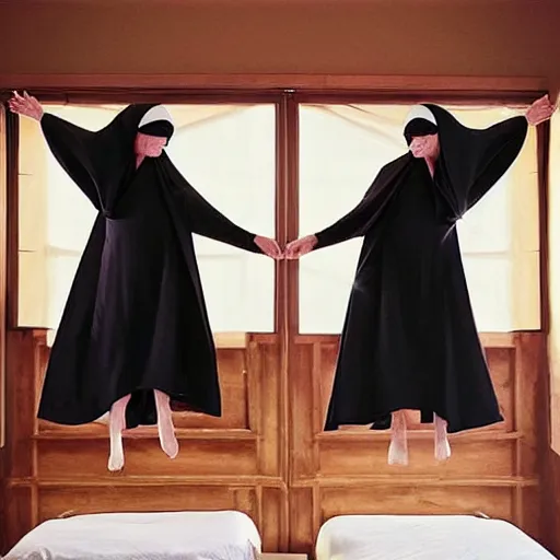 Image similar to award winning photo,two Hovering twin nuns, in a bedroom hovering off the ground, wearing pointed hoods, buxom chested, blindfolded, wearing translucent veils, see through dress, Very long arms, bedroom, wood door, eerie, frightening, highly detailed, photorealistic, colorized —width 1024 —height 1024