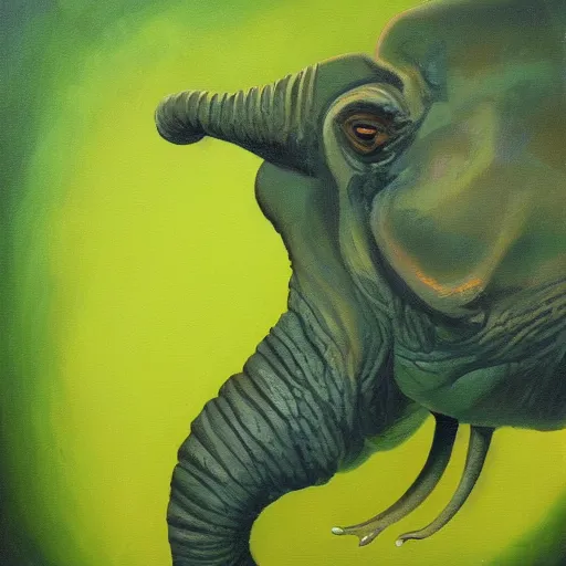 Image similar to A creature that is half elephant, half frog, oil painting