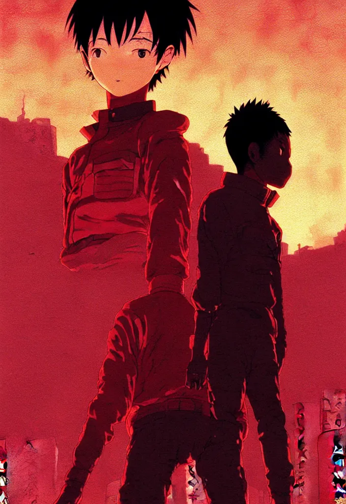 Prompt: detailed anime character portrait of kaneda from akira by katsuhiro otomo, silhouetted by a burning sun in neo - tokyo | anime, matte painting, dystopian megacity neo - tokyo, perfect, fine details, realistic, shaded, lighting, akira, artgerm, jeremy lipkin and michael garmash and rob rey