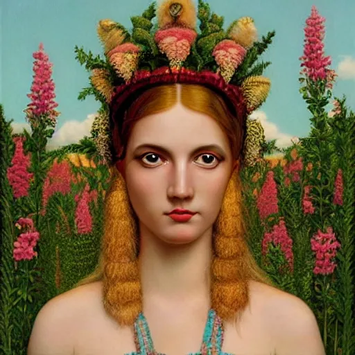 Prompt: an 3 d rendering of the goddess of women from a wes anderson film looking at the camera surrounded by lush flowers mark ryden, realism