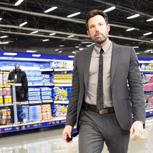 Prompt: A still of Ben Affleck's Batman at Walmart, 4k, photograph, ultra realistic, highly detailed, studio lighting