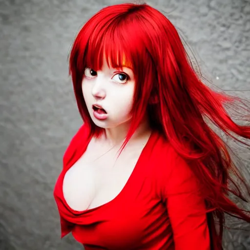 Image similar to cute anime girl with red hair, angry facial expression, in red dress