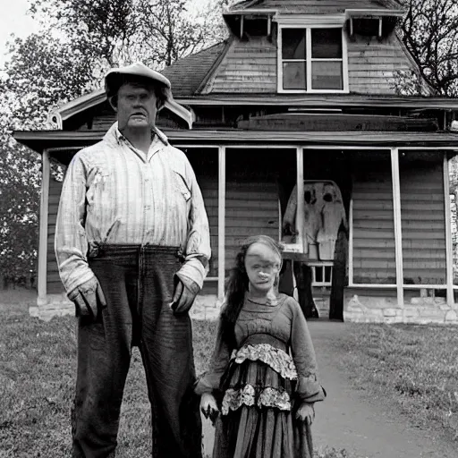 Prompt: a farmer and his daughter pose stiffly, they stand outside of their home, built in an 1 8 8 0 s style known as carpenter gothic, iowa, cinematic, midwest gothic