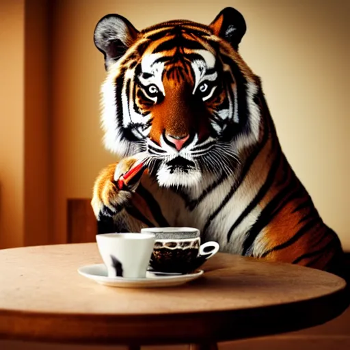 Image similar to a dramatic photograph of excited tiger enjoying tea , cinematic lighting