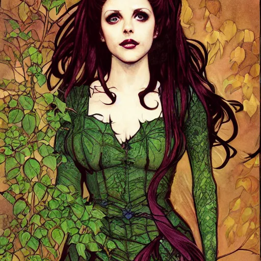 Image similar to a beautiful painting buffy the vampire slayer as poison ivy, dark eyeliner, intricate, elegant, highly detailed, digital painting, artstation, concept art, matte, sharp focus, illustration, art by rebecca guay and by arthur rackham and by alphonse mucha and by john william waterhouse