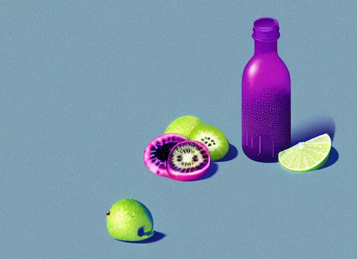 Image similar to ( ( dithered ) ), editorial illustration strawberries blueberries sliced kiwi sliced lemon inside a clear drinking bottle, isometric, modern art deco, mads berg, karolis strautniekas, christopher balaskas, stippled light, fog, fine texture, dynamic composition, matte print, unreal engine