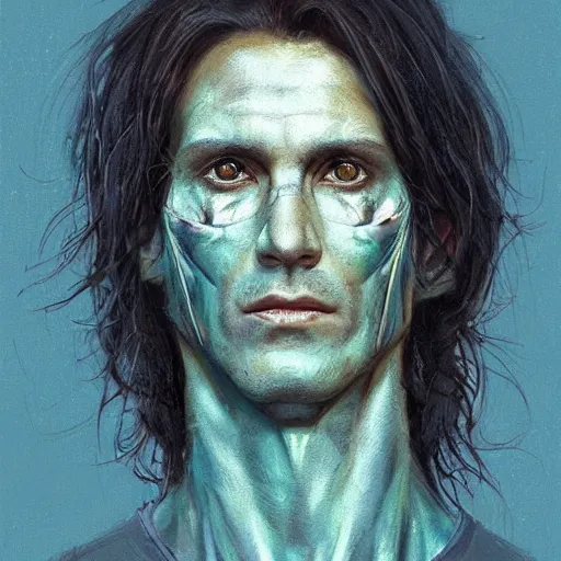 Image similar to Portrait of a man by Greg Rutkowski, he is about 30 years old, messy long black hair, tired appearance, roman nose, he has become some sort of biomechanical transhuman god with eyes that glow electric blue, peaceful but sad expression, highly detailed portrait, digital painting, artstation, concept art, smooth, sharp foccus ilustration, Artstation HQ.