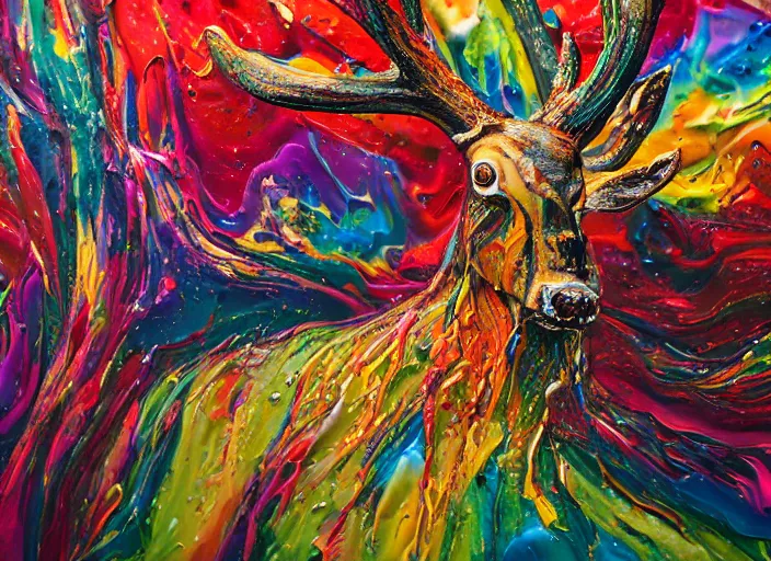 Prompt: still shot close up footage of a deer's head exploding and disintegrating into acrylic pour and splashing paint and dripping paint, thick impasto paint, embossed paint, big flying chunks of paint, motion blur, hyperrealistic, medical, intricate art photography, anatomically correct, realistic crisp textures, 1 6 k