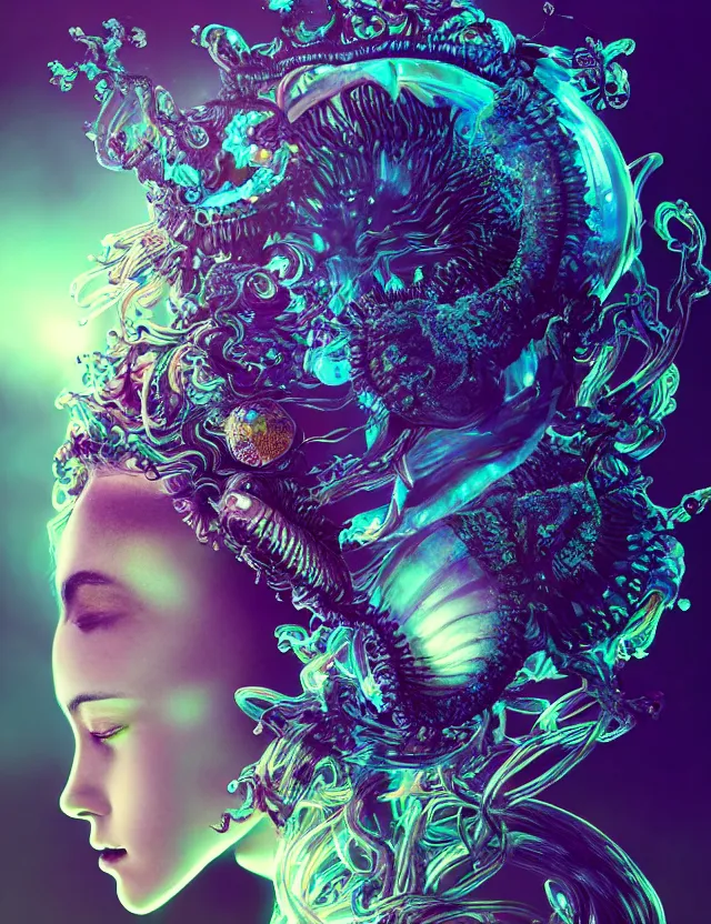 Image similar to goddess macro close - up portrait in crown made of ram skull. betta fish, jellyfish phoenix, bioluminiscent, plasma, ice, water, wind, creature, super intricate ornaments artwork by tooth wu and wlop and beeple and greg rutkowski