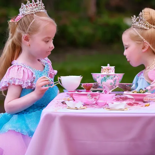 Prompt: A beautiful young little princess and a regal ancient dragon have a tea party