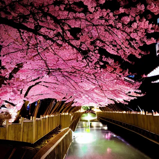 Image similar to sakura is in bloom. night. the radiance of the earth.