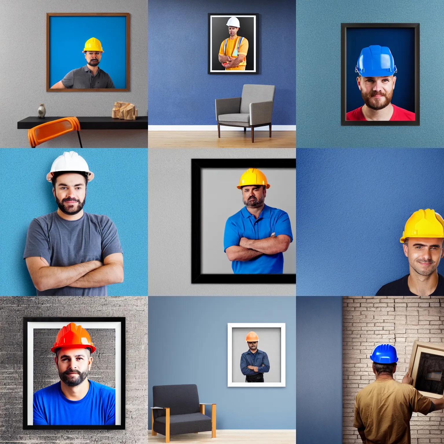 Prompt: a potrait of man with construction hat inside a frame photo, background is blue wall, 4k