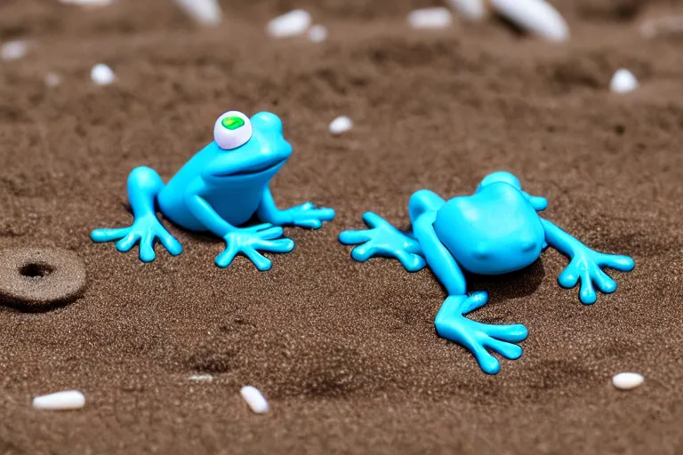 Image similar to fisher price frog on the beach, california, in 2 0 1 5, perfect focus, scene from tv show hyper detailed 5 5 mm 8 5 mm, toy photography, made out of plastic