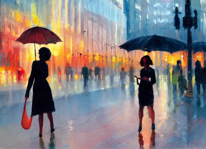 Image similar to evening city scene with young woman with umbrella held up slightly. beautiful use of light and shadow to create a sense of depth and movement. using energetic brushwork and a limited color palette, providing a distinctive look and expressive quality in a rhythmic composition