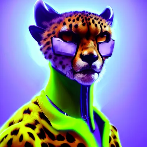 Image similar to a beautiful commission of a male anthropomorphic cheetah wearing a neon jacket,futuristic,detailed face,character design by charles bowater,mohawk,cyberpunk style,deviantart,artstation,art by greg rutkowski,ross tran,professional lighting,neon city,night,raytracing,rtx,highly realistic,4k,dramatic,hyperrealism