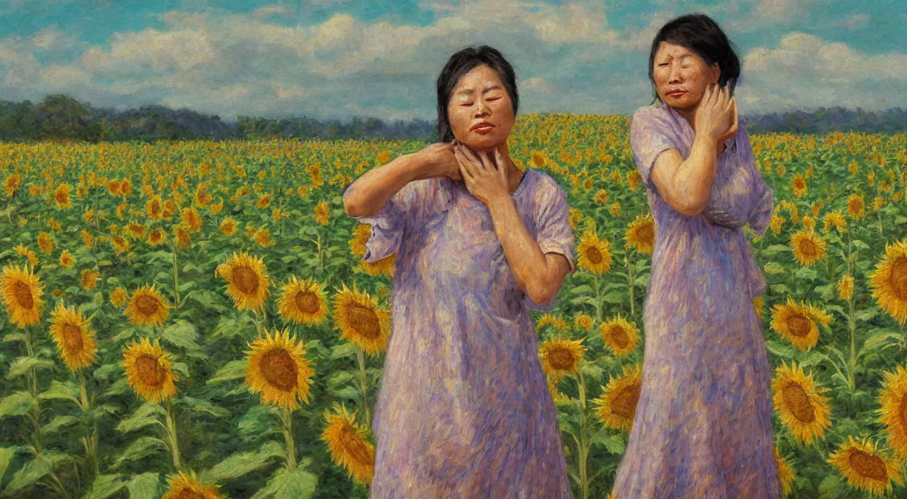 Image similar to impressionist style painting of asian woman crying with hands on broken back, field of sunflowers, overcast weather