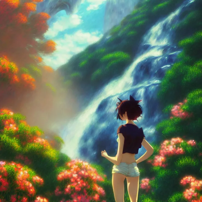 Prompt: an epic makoto shinkai and renoir surreal landscape of a woman's hair mixed with a waterfall, 🌺, golden hour, ultra smooth, lois van baarle, ilya kuvshinov, unreal engine, blender, trending on artstation, suntur, caleb worcester, highly detailed, photorealism, bloom effect 8 k