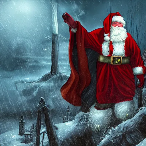 Prompt: Santa Claus fighting against sauron in lord of the rings, digital art, grim atmosphere
